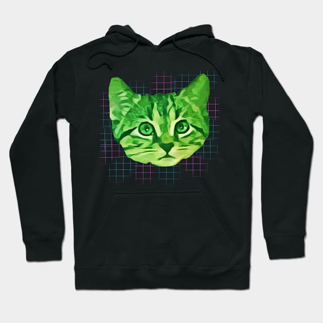 Green Kitty Face Grid Background Hoodie by wildjellybeans